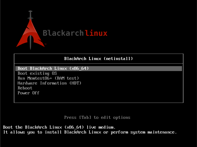BlackArch ISO boot menu with architecture selection