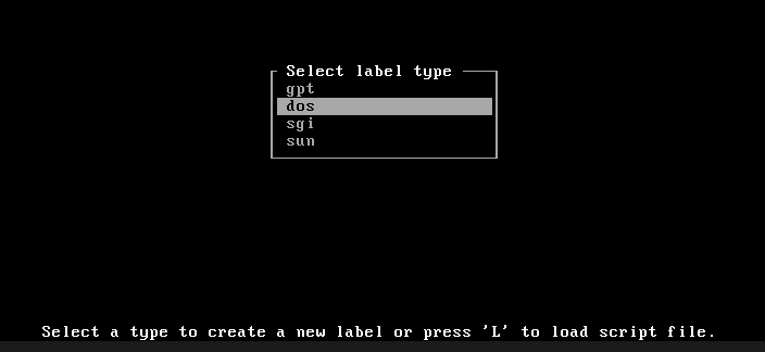 cfdisk label type selection