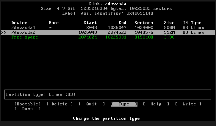 Changing the partition type to Linux swap