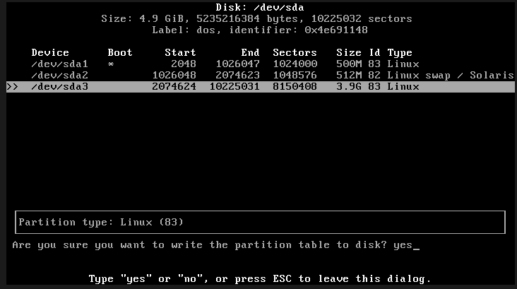 Writing the partition table to disk