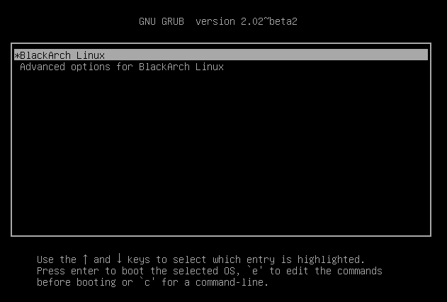 GRUB boot menu of the fresh BlackArch install