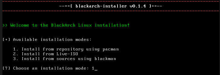 Installer menu with the three installation methods